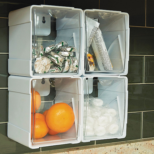 Deflecto Tilt Bin Interlocking 4-Bin Organizer, Plastic, 4.63 x 4.88 x 5.5, White/Clear (421103)