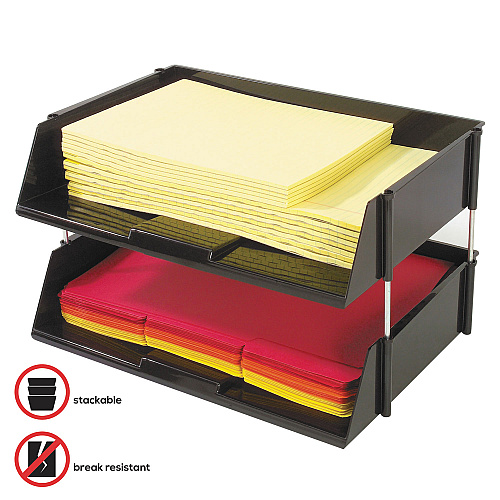Deflecto Industrial Tray Side-Load Stacking Tray Set, 2 Sections, Letter to Legal Size Files, 16.38" x 11.13" x 3.5", Black, 2/Pack (582704)