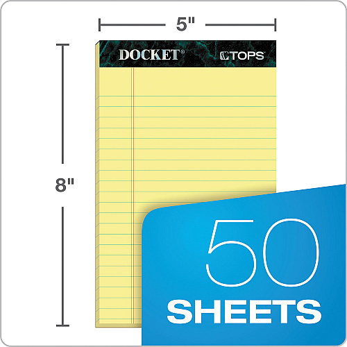 TOPS Docket Ruled Perforated Pads, Narrow Rule, 50 Canary-Yellow 5 x 8 Sheets, 12/Pack (63350)