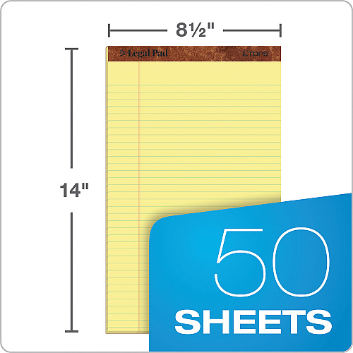 TOPS "The Legal Pad" Plus Ruled Perforated Pads with 40 pt. Back, Wide/Legal Rule, 50 Canary-Yellow 8.5 x 14 Sheets, Dozen (7572)