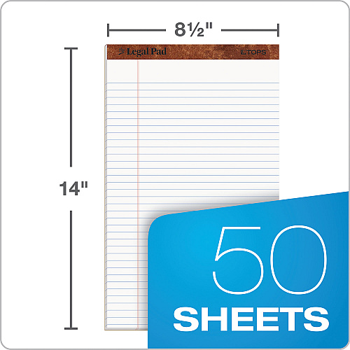 TOPS "The Legal Pad" Ruled Perforated Pads, Wide/Legal Rule, 50 White 8.5 x 14 Sheets, Dozen (7573)
