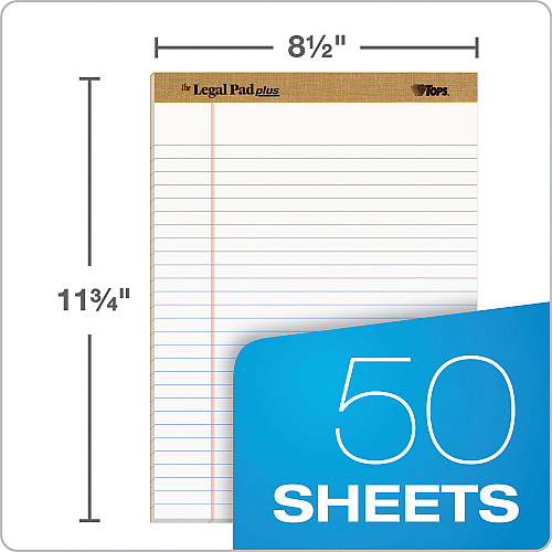 TOPS "The Legal Pad" Plus Ruled Perforated Pads with 40 pt. Back, Wide/Legal Rule, 50 White 8.5 x 11.75 Sheets, Dozen (71533)