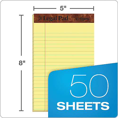 TOPS "The Legal Pad" Ruled Perforated Pads, Narrow Rule, 50 Canary-Yellow 5 x 8 Sheets, Dozen (7501)