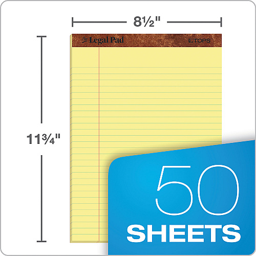 TOPS "The Legal Pad" Ruled Perforated Pads, Wide/Legal Rule, 50 Canary-Yellow 8.5 x 11 Sheets, 3/Pack (75327)