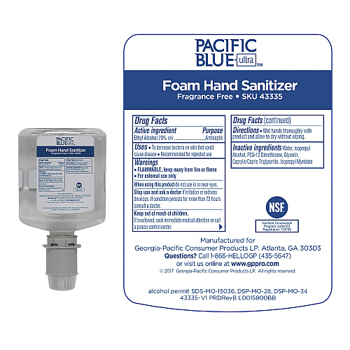 Georgia Pacific Professional Pacific Blue Ultra Foam Hand Sanitizer Refill For Manual Dispensers, 1,000 mL, Fragrance-Free, 4/Carton (43335)