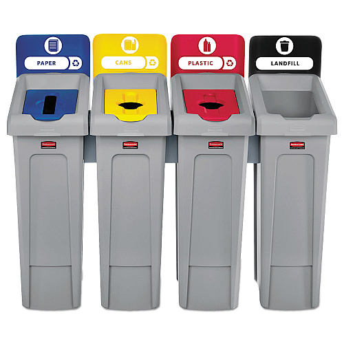 Rubbermaid Commercial Slim Jim Recycling Station Kit, 4-Stream Landfill/Paper/Plastic/Cans, 92 gal, Plastic, Blue/Gray/Red/Yellow (2007919)