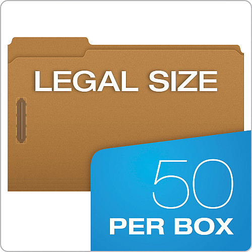 Pendaflex Kraft Fastener Folders, 1/3-Cut Tabs, 2 Fasteners, Legal Size, Kraft Exterior, 50/Box (FK312)