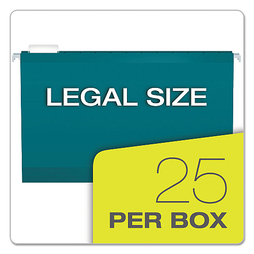 Pendaflex Colored Reinforced Hanging Folders, Legal Size, 1/5-Cut Tabs, Teal, 25/Box (415315TEA)