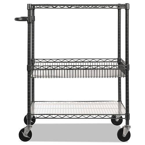 Alera Three-Tier Wire Cart with Basket, Metal, 2 Shelves, 1 Bin, 500 lb Capacity, 34" x 18" x 40", Black Anthracite (ALESW543018BA)
