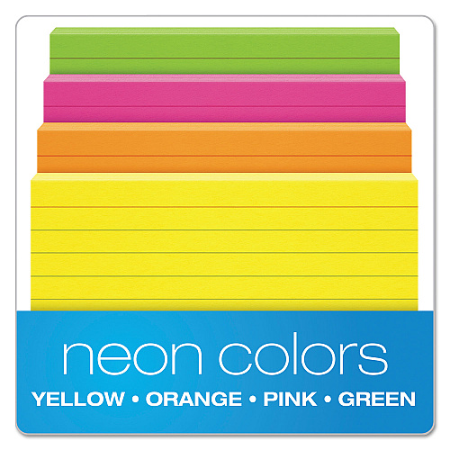 Oxford Ruled Index Cards, 3 x 5, Glow Green/Yellow, Orange/Pink, 100/Pack (40279)