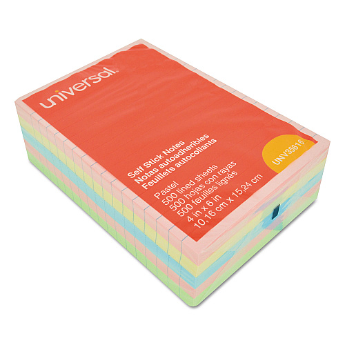 Universal Self-Stick Note Pads, Note Ruled, 4" x 6", Assorted Pastel Colors, 100 Sheets/Pad, 5 Pads/Pack (UNV35616)