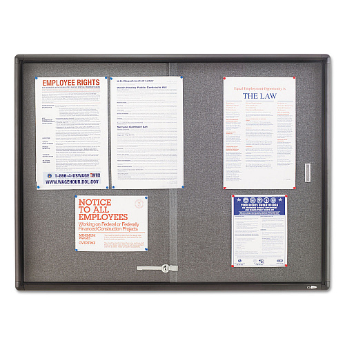 Quartet Enclosed Indoor Cork and Gray Fabric Bulletin Board with Two Sliding Glass Doors, 48 x 36, Graphite Gray Aluminum Frame (2364S)