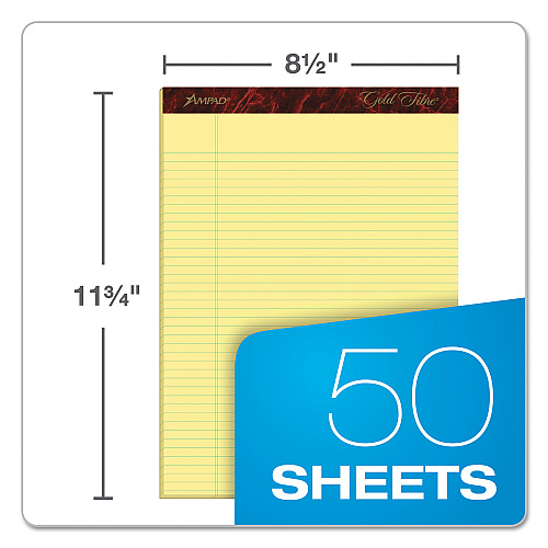Ampad Gold Fibre Quality Writing Pads, Narrow Rule, 50 Canary-Yellow 8.5 x 11.75 Sheets, Dozen (20022)