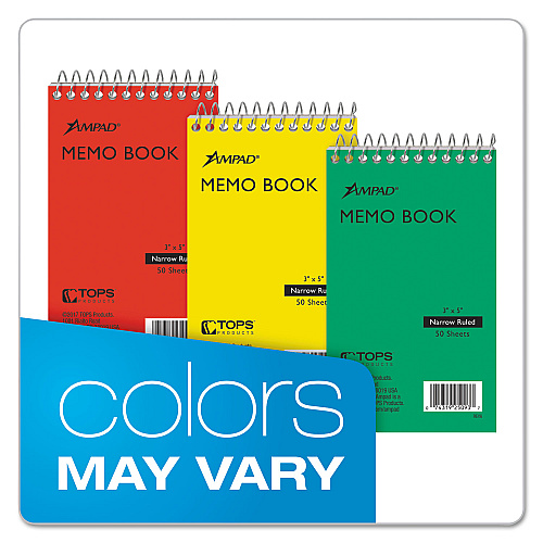 Ampad Memo Pads, Narrow Rule, Randomly Assorted Cover Colors, 50 White 3 x 5 Sheets (25093)