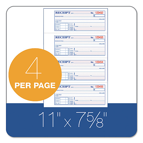 Adams Receipt Book, Three-Part Carbonless, 7.19 x 2.75, 4 Forms/Sheet, 100 Forms Total (TC1182)
