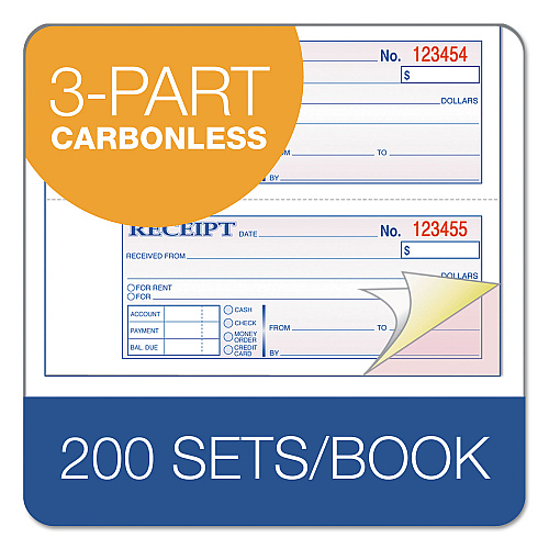 Adams TOPS 3-Part Hardbound Receipt Book, Three-Part Carbonless, 7 x 2.75, 4 Forms/Sheet, 200 Forms Total (TCH1185)