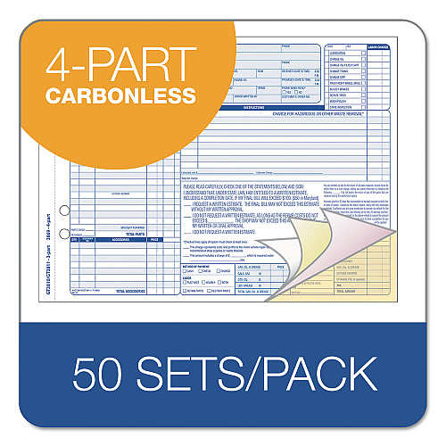TOPS Auto Repair Four-Part Order Form, Four-Part Carbonless, 11 x 8.5, 50 Forms Total (3869)