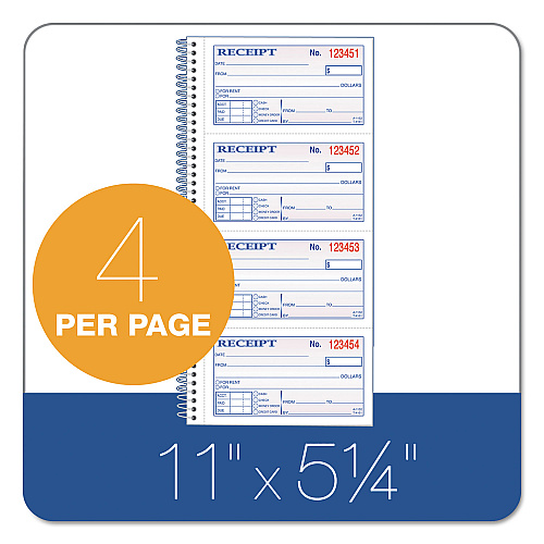 TOPS Spiralbound Money and Rent Receipt Book, Two-Part Carbonless, 4.75 x 2.75, 4 Forms/Sheet, 200 Forms Total (4161)