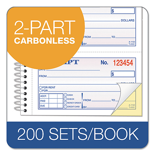 TOPS Spiralbound Money and Rent Receipt Book, Two-Part Carbonless, 4.75 x 2.75, 4 Forms/Sheet, 200 Forms Total (4161)