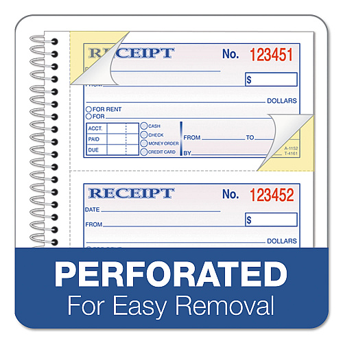 TOPS Spiralbound Money and Rent Receipt Book, Two-Part Carbonless, 4.75 x 2.75, 4 Forms/Sheet, 200 Forms Total (4161)