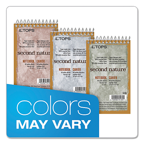 TOPS Second Nature Wirebound Notepads, Narrow Rule, Randomly Assorted Cover Colors, 50 White 3 x 5 Sheets (74135)
