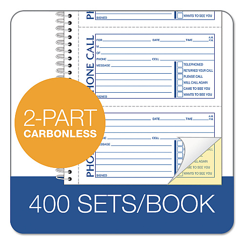 TOPS Second Nature Phone Call Book, Two-Part Carbonless, 5 x 2.75, 4 Forms/Sheet, 400 Forms Total (74620)