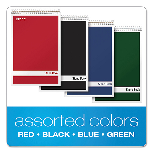 TOPS Steno Pad, Gregg Rule, Assorted Cover Colors, 80 White 6 x 9 Sheets, 4/Pack (80220)