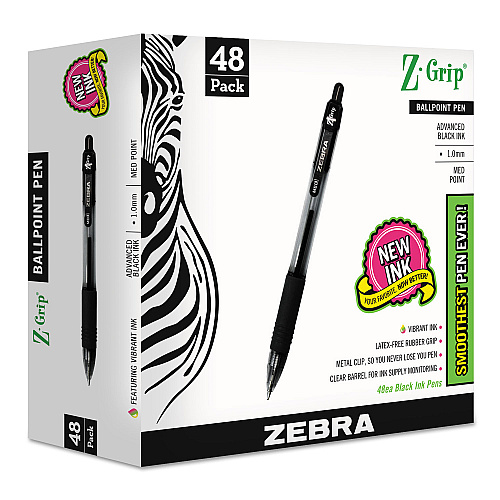 Zebra Z-Grip Ballpoint Pen, Retractable, Medium 1 mm, Black Ink, Clear/Black Barrel, 48/Pack (22148)