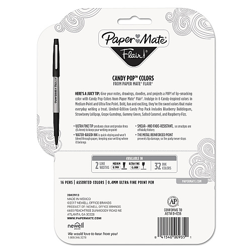 Paper Mate Flair Felt Tip Porous Point Pen, Stick, Extra-Fine 0.4 mm, Assorted Ink Colors, Gray Barrel, 16/Pack (2027233)