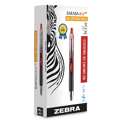 Zebra Sarasa Dry Gel X30 Gel Pen, Retractable, Medium 0.7 mm, Red Ink, Red/Black/Silver Barrel, 12/Pack (47130)