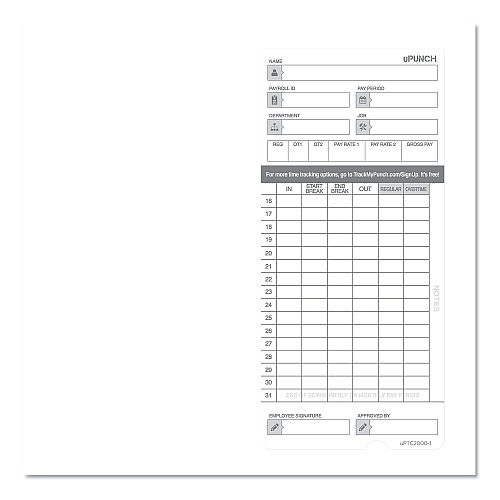 Time Clock Cards for uPunch HN2000/HN4000/HN4600, Two Sides, 7.5 x 3.5, 100/Pack (HNTCL2100)