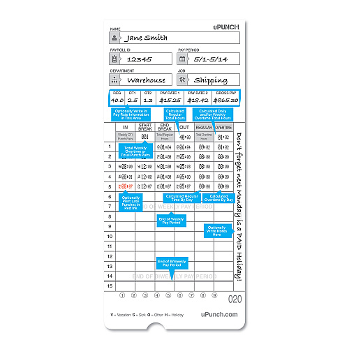 Time Clock Cards for uPunch HN2000/HN4000/HN4600, Two Sides, 7.5 x 3.5, 100/Pack (HNTCL2100)
