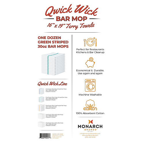 Qwick Wick Bar Mop Towel 30oz Green Stripe - Case Of 60 (N030-GR-5DZ)