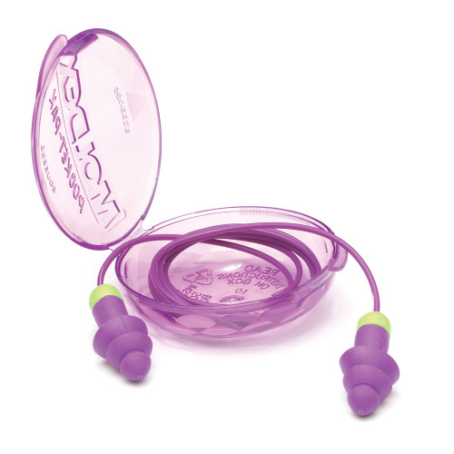 Moldex Rockets Corded Reusable Earplugs With Pocket Carrying Case, Nrr 27, Purple/yellow - Box Of 50 (6405)