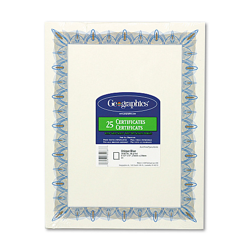 Geographics Award Certificates with Gold Seals, 8.5 x 11, Unique Blue with White Border, 25/Pack (39087)