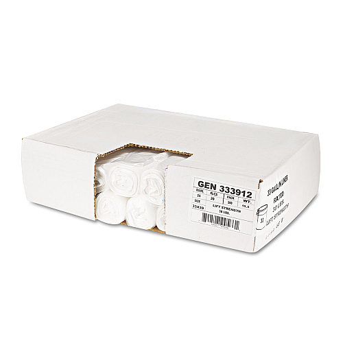 Boardwalk High-Density Can Liners, 33 gal, 9 mic, 33" x 39", Natural, Perforated Roll, 25 Bags/Roll, 20 Rolls/Carton (333912)