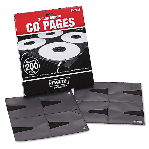 Vaultz Two-Sided CD Refill Pages for Three-Ring Binder, 8 Disc Capacity, Clear/Black, 25/Pack (VZ01401)