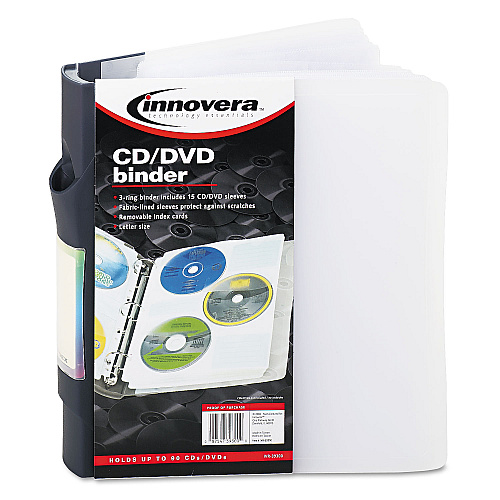 Innovera CD/DVD Three-Ring Refillable Binder, Holds 90 Discs, Midnight Blue/Clear (IVR39300)