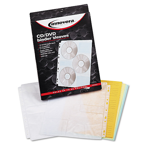 Innovera Two-Sided CD/DVD Pages for Three-Ring Binder, 6 Disc Capacity, Clear, 10/Pack (IVR39301)