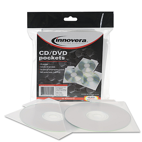 Innovera CD/DVD Pockets, 1 Disc Capacity, Clear, 25/Pack (IVR39701)