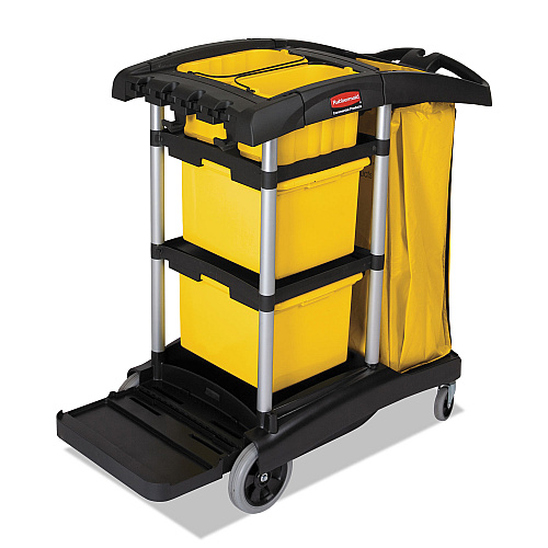 Rubbermaid Commercial High Capacity Cleaning Cart, Plastic, 4 Shelves, 2 Bins, 21.75" x 49.75" x 38.38", Black (9T7200BK)
