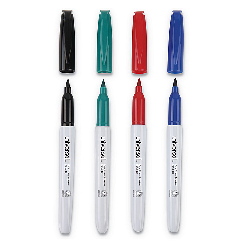 Universal Pen Style Dry Erase Marker, Fine Bullet Tip, Assorted Colors, 4/Set (UNV43670)