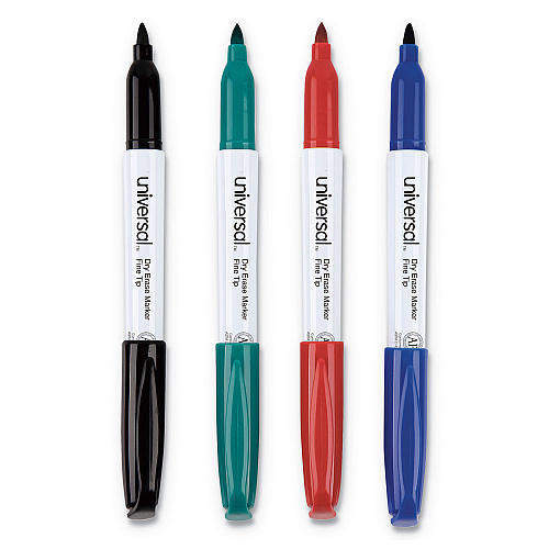 Universal Pen Style Dry Erase Marker, Fine Bullet Tip, Assorted Colors, 4/Set (UNV43670)