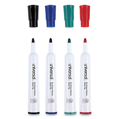 Universal Dry Erase Marker, Medium Bullet Tip, Assorted Colors, 4/Set (UNV43680)