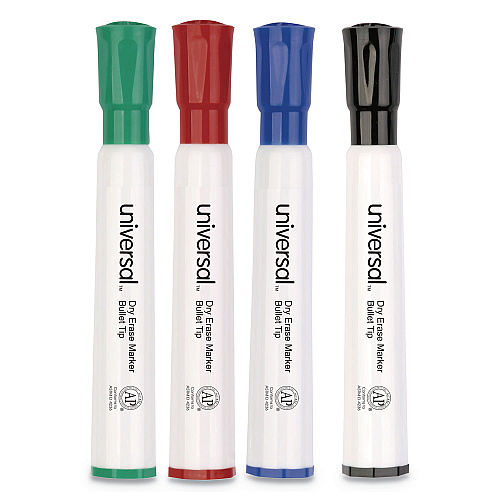 Universal Dry Erase Marker, Medium Bullet Tip, Assorted Colors, 4/Set (UNV43680)