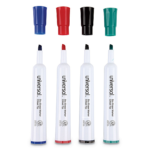 Universal Dry Erase Marker, Broad Chisel Tip, Assorted Colors, 4/Set (UNV43650)