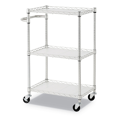 Alera Three-Shelf Wire Cart with Liners, Metal, 3 Shelves, 450 lb Capacity, 24" x 16" x 39", Silver (ALESW322416SR)