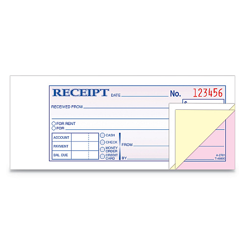 Adams Receipt Book, Three-Part Carbonless, 2.75 x 7.19, 50 Forms Total (TC2701)