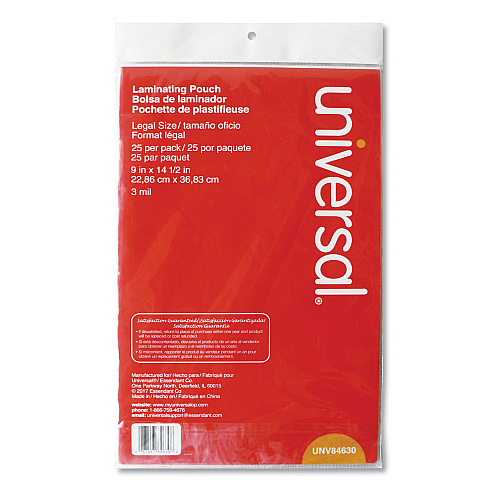 Universal Laminating Pouches, 3 mil, 9" x 14.5", Gloss Clear, 25/Pack (UNV84630)