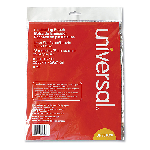Universal Laminating Pouches, 3 mil, 9" x 11.5", Gloss Clear, 25/Pack (UNV84620)
